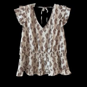 4/$15 SALE Ryegrass | Boho Print Peplum Blouse Top w/ Flutter Sleeves Cut out 1X
